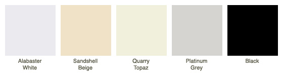 Alabaster White, Sandshell Beige, Quarry Topaz, Platinum Grey, Black