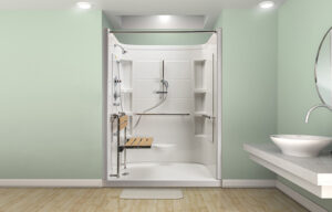 Walk-in shower with built-in shelves and fold-down seat