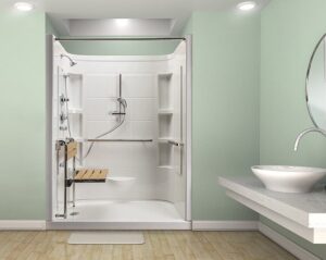3D rendering of a luxurious safety shower with seating and a handheld showerhead